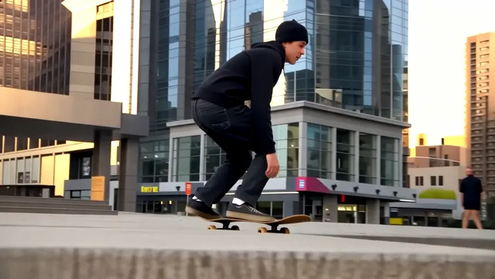 Runway Gen-4.5 output: Skateboard kickflip down stairs
