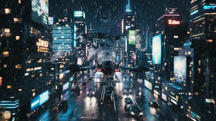 Veo 3.1 Fast output: Drone shot over a neon cyberpunk city